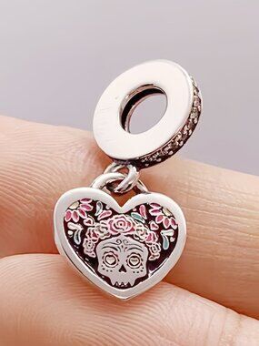 Pandora Day of the Dead Sugar Skull Heart Multicolor Enamel Double-Sided Dangle